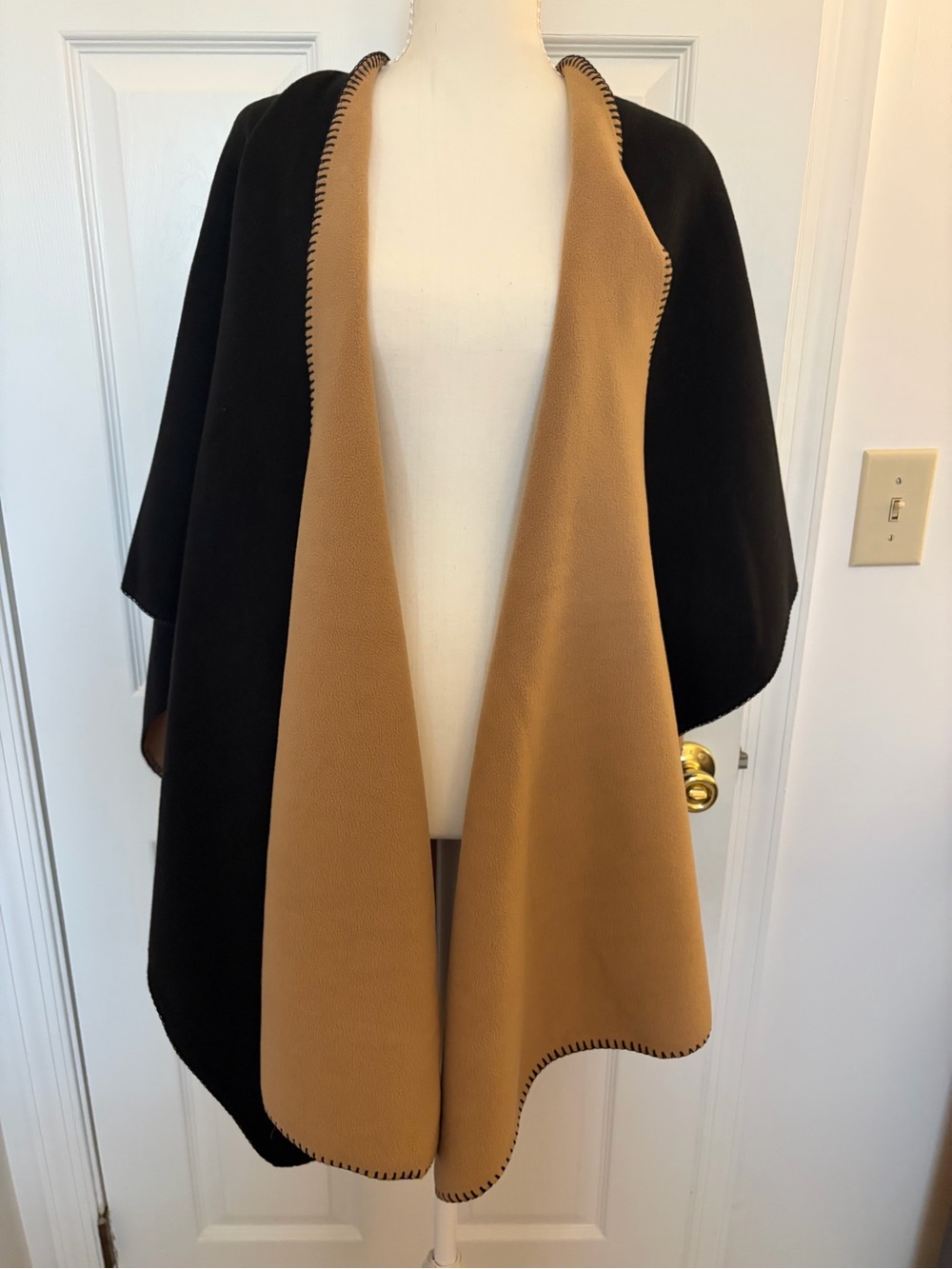 Woolrich Black and Camel Reversible Wrap Poncho